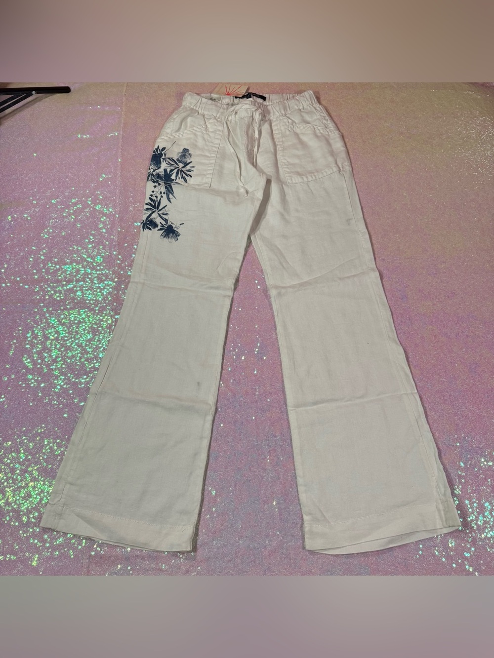 NWT ★ Driftwood White Linen Palazzo Pants with Blue Floral Print (29) ★彡 - Picture 10 of 11